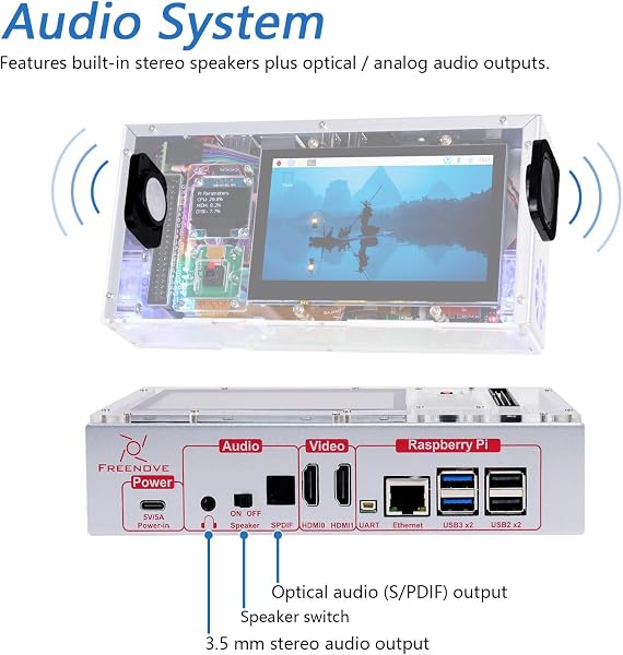 Freenove Computer Case Kit for Raspberry Pi 5 (Not Included), 128GB M.2 NVMe SSD 800 MB/s, 4.3 Inch Touchscreen, 5 MP Camera, OLED Screen, Stereo Speakers, 3.5 mm and Optical Audio (S/PDIF) - 5