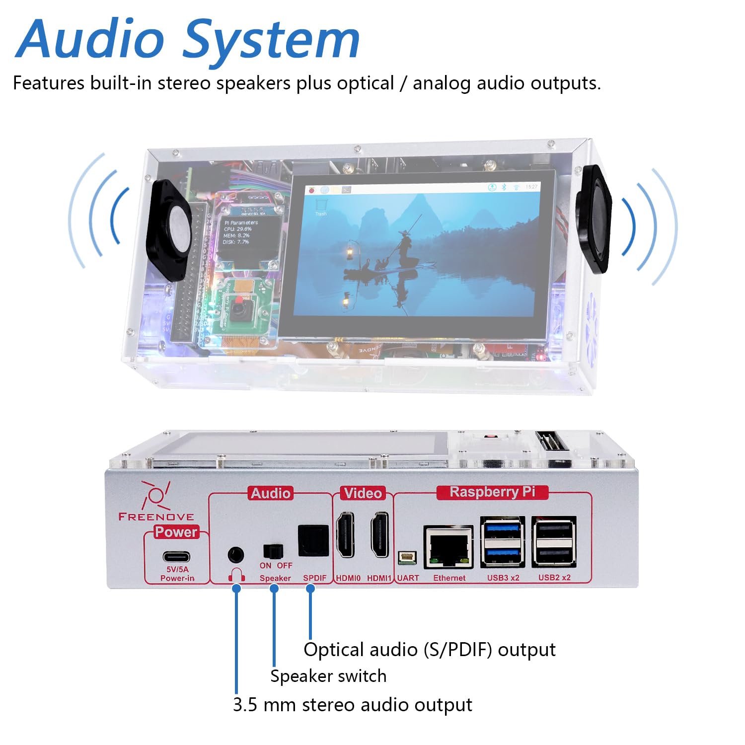 Freenove Computer Case Kit for Raspberry Pi 5 (Not Included), 128GB M.2 NVMe SSD 800 MB/s, 4.3 Inch Touchscreen, 5 MP Camera, OLED Screen, Stereo Speakers, 3.5 mm and Optical Audio (S/PDIF)