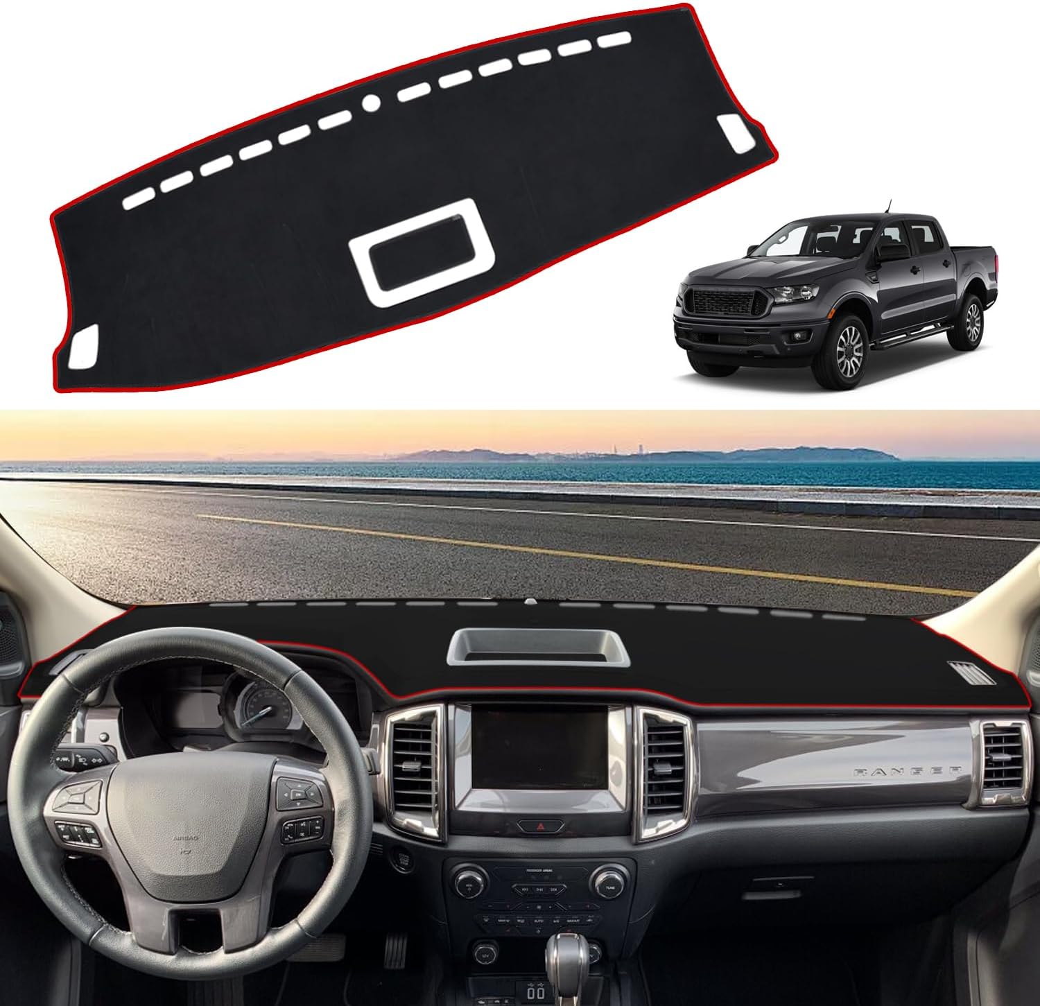 Blazeray Car Dashboard Cover Mat for Ford Ranger Pickup 2019 2020 2021 2022 Left Hand Driving Non-Slip Dashboard Mat Pad Interior Accessories Custom Fit Dash Mat Sunshade Windshield Glare(Black Edge)