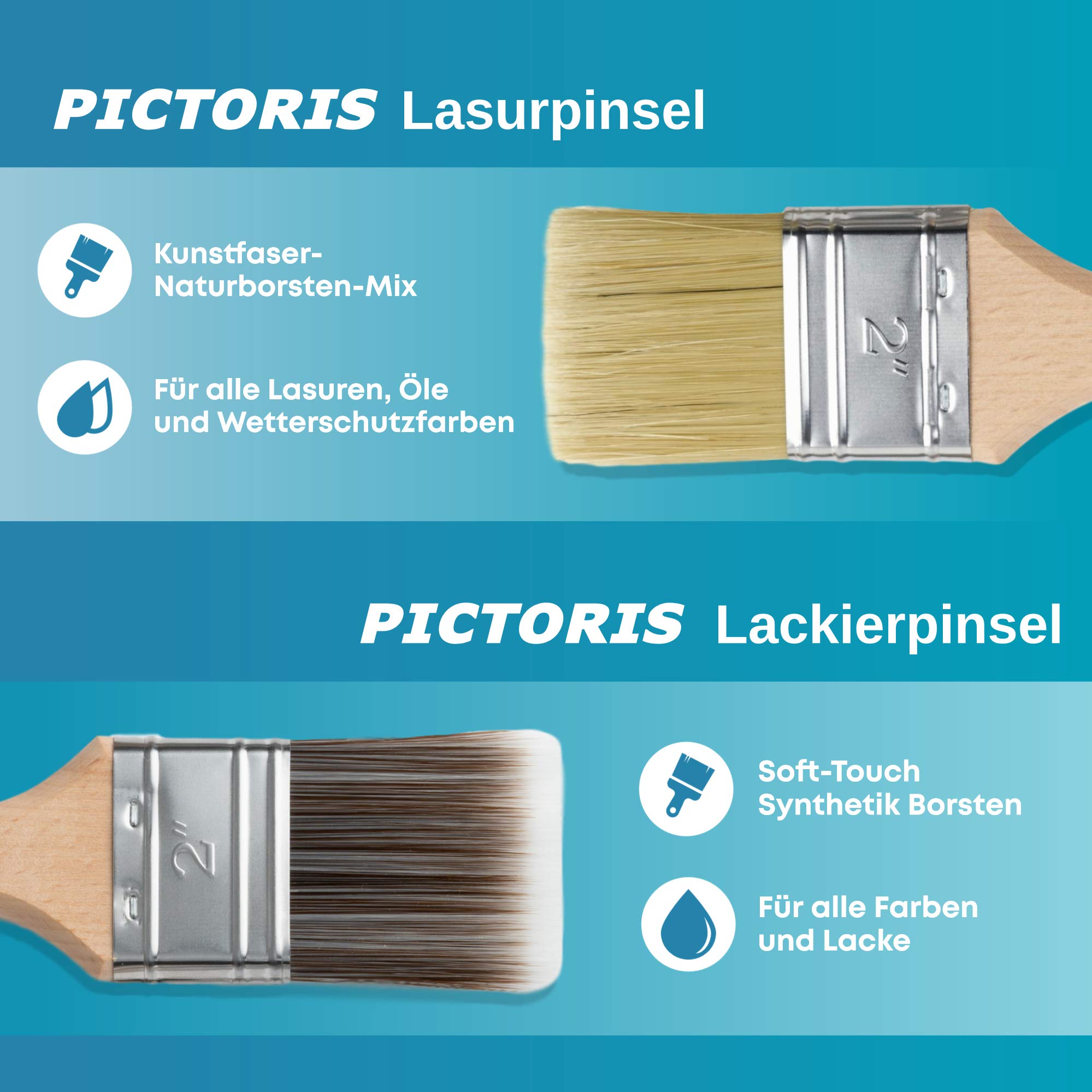 PICTORIS Juego de 3 pinceles para barniz, fabricado en Alemania, sin pérdida de cerdas, pincel profesional para barnizado de madera, aceite de linaza, pintura de tiza, pincel para madera con pintura