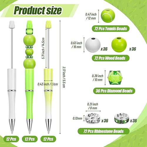 Miniatura 2 de Patelai Juego de 36 bolígrafos deportivos de plástico a granel con 72 cuentas de tenis, 72 cuentas de madera, 72 cuentas de diamantes de imitación,
