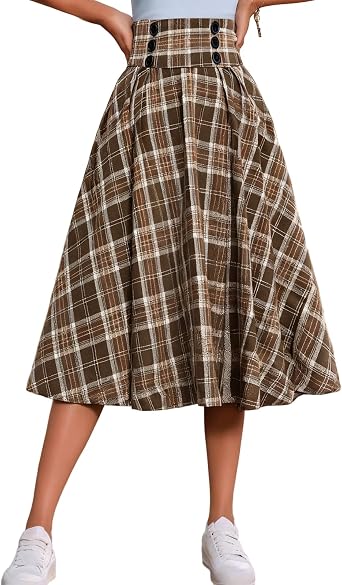 Plaid Skirt for Women Vintage High Waist A Line Pleated Flared Midi Skirts Tartan Elastic Waist Flowy Long Skirt 2026