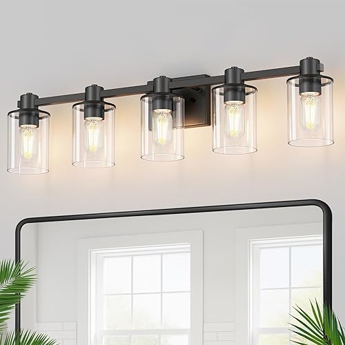 Miniatura 19 de DORESshop Lámpara de tocador de baño de 4 luces sobre el espejo, lámparas de baño negro mate con pantallas de vidrio transparente, luces modernas