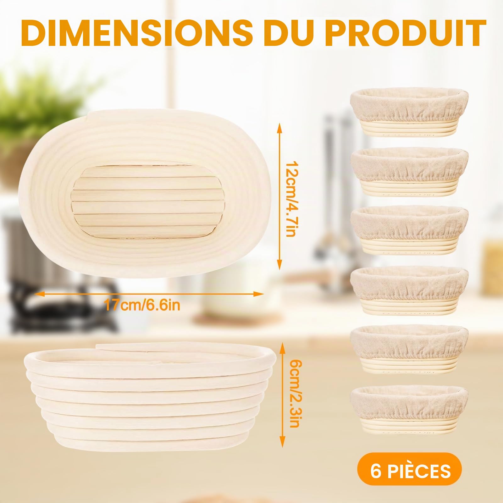 Lot de 6 Banneton pour Pain Ovale avec Doublure de Tissu, Petits paniers banneton de 15,2 cm, Accessoires pour la Cuisson du Pain, paniers de Fermentation en rotin pour la préparation de la