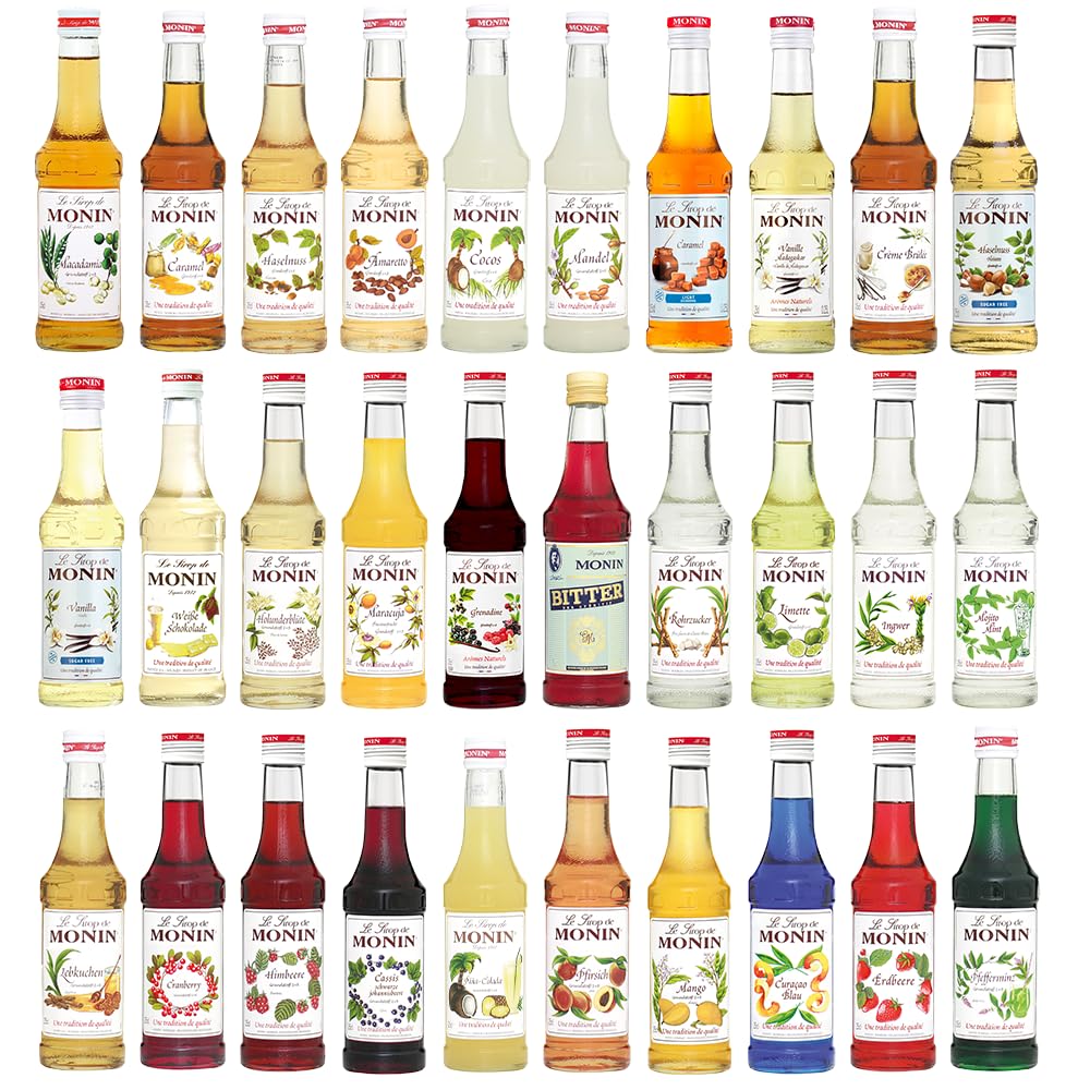 Monin Probierpaket Fruchtige Vielfalt Sirup Set (6 x 250 ml) – Maracuja, Limette, Schwarze Johannisbeere, Erdbeere, Himbeere & Pfirsich – Fruchtsirup für Cocktails, Limonade, Kaffee & Desserts