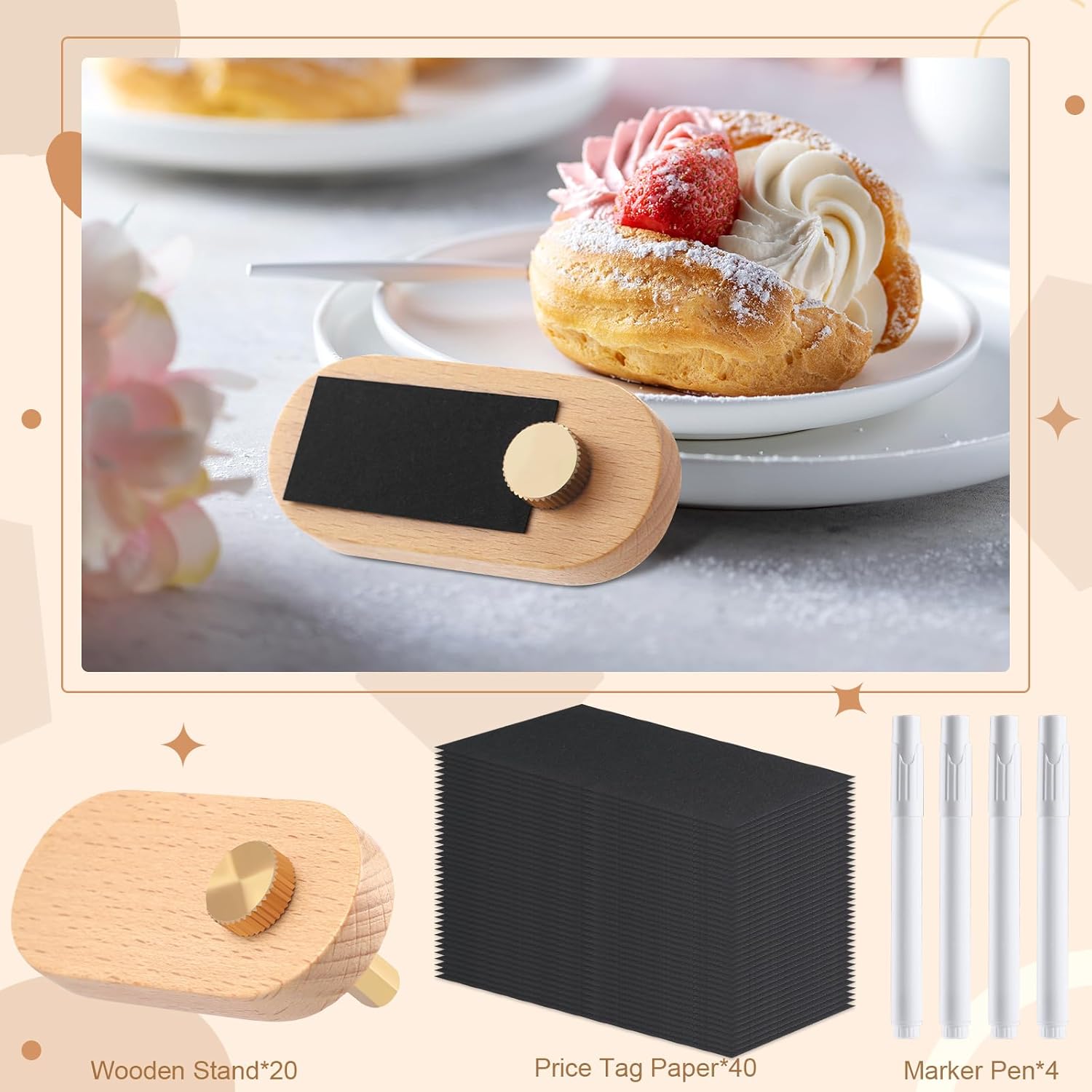 Qunclay Set of 20 Price Display Signs for Vendors Wooden Signs with Price Tag Paper and Pens Retail Display Tag Stands Food Name for Cafes, Shops, Boutiques