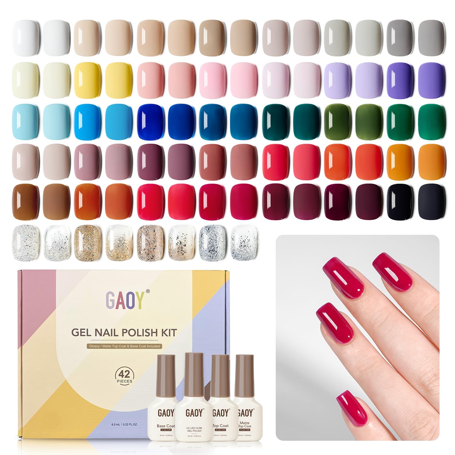 GAOY Gel Nail Polish Kit – 42 Colors with Top/Base Coats