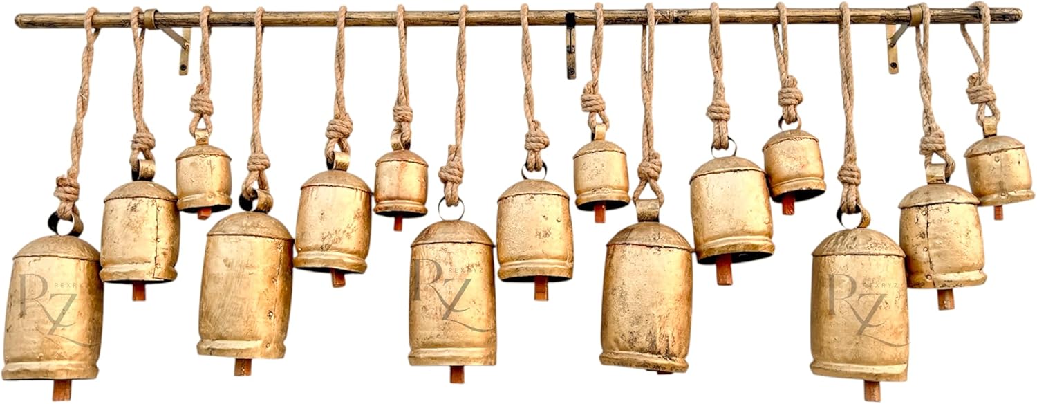 Decorative Bells Mantel Christmas Decor, Farmhouse Rustic Cowbells Hanging Bell with Rod, Ornament Set of 15 XXL Large Giant Harmony Bells, Vintage Rustic Tin Metal