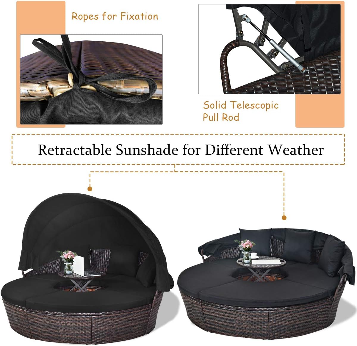 Tangkula Patio Round Daybed with Retractable Canopy, Outdoor Wicker Rattan Furniture Sets, Sectional Cushioned Sofa Set w/Height Adjustable Coffee Table, Rattan Conversation Sets (Black)