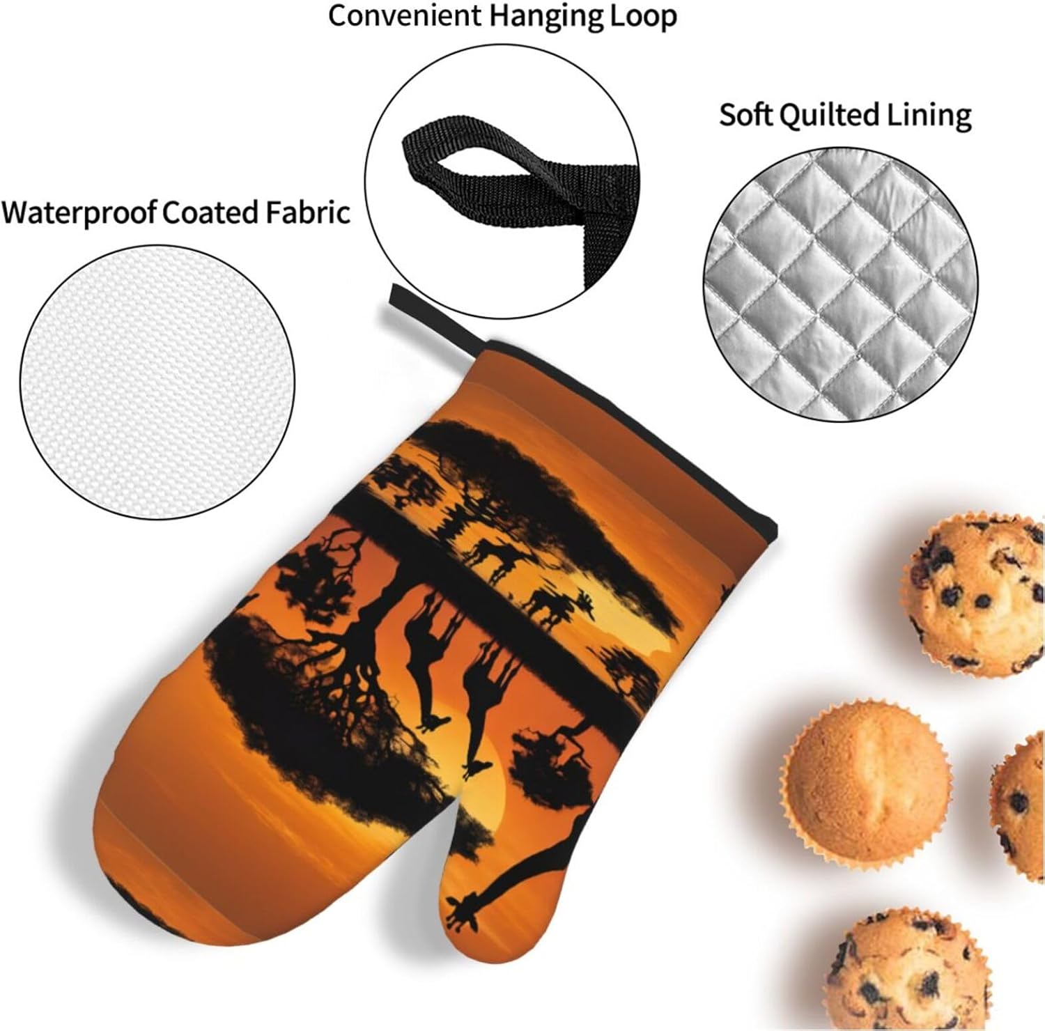 (Africa Giraffe Majestic Tree) Baking 4-Piece Set: 2 Oven Mitts and 2 Pot Holders Heat Resistant Waterproof Hanging Loop for Kitchen Oven Grill Housewarming Gifts