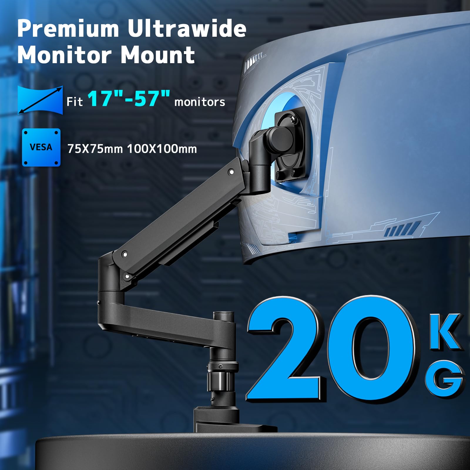 Supporto per monitor piatto e curvo da 17 – 57 pollici, molla a gas monitor, regolabile in altezza, orientabile, capacità di peso 2 – 20 kg per braccio, VESA 75/100 mm, Nero