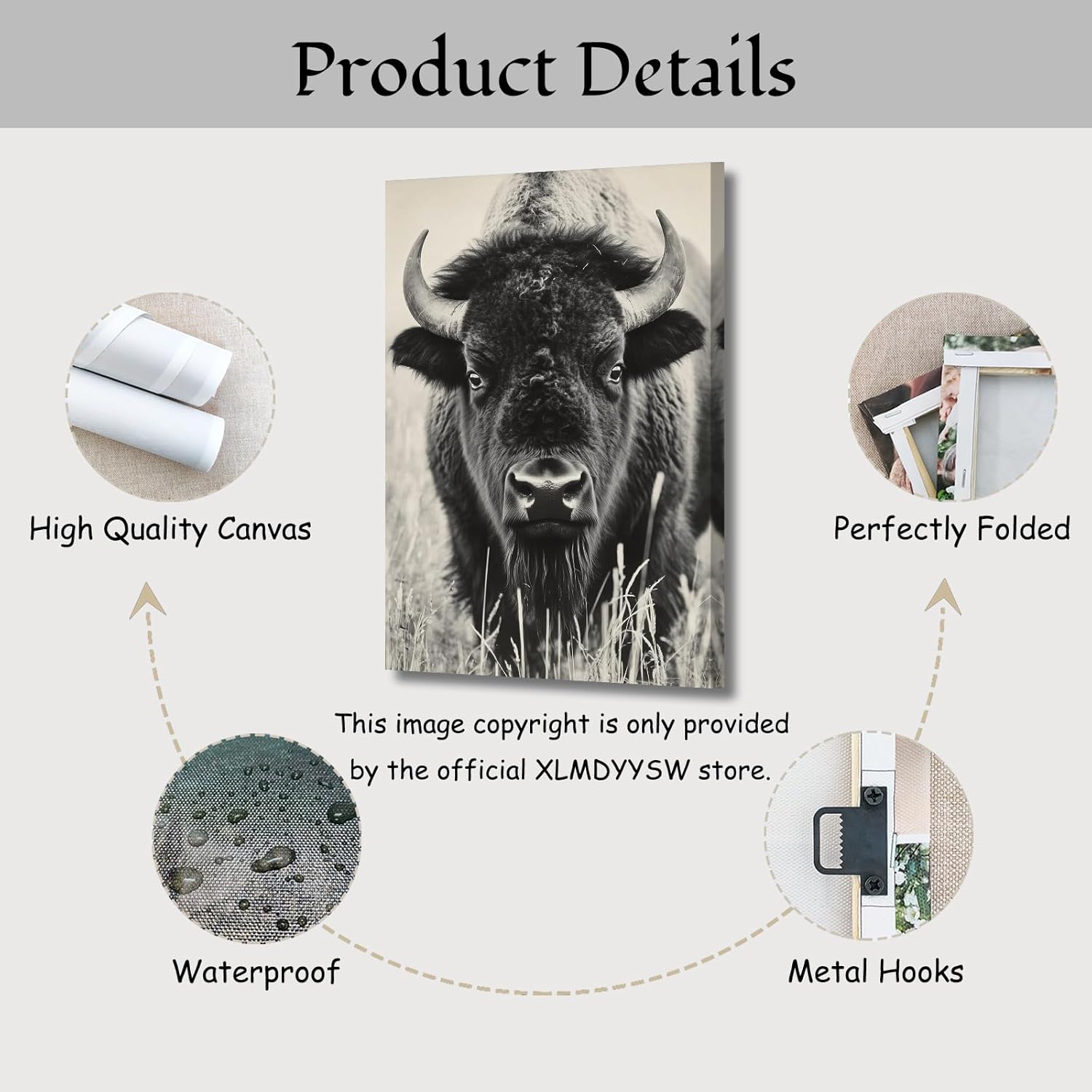 XLMDYYSW Buffalo Canvas Wall Art Black and White Bison Pictures Rustic Farmhouse Animals Painting Print for Modern Living Room Bathroom Cabin Decor Framed (White, 18L x 12W)