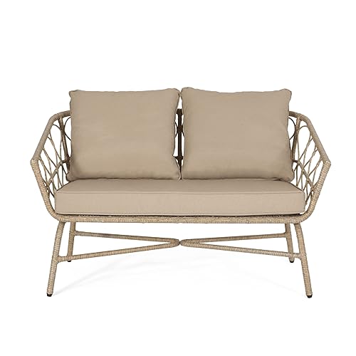 Bruce Outdoor Loveseat with Cushions - Wicker - Light Brown/Beige