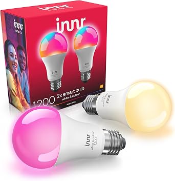 Innr Smart Bulb E27, White & Colour, Works with Hue* and Zigbee Hubs | LED screw bulb, 16 million colours, 50% more brightness, 1210 lumen, Dimmable, 2-pack [Energy Class E]
