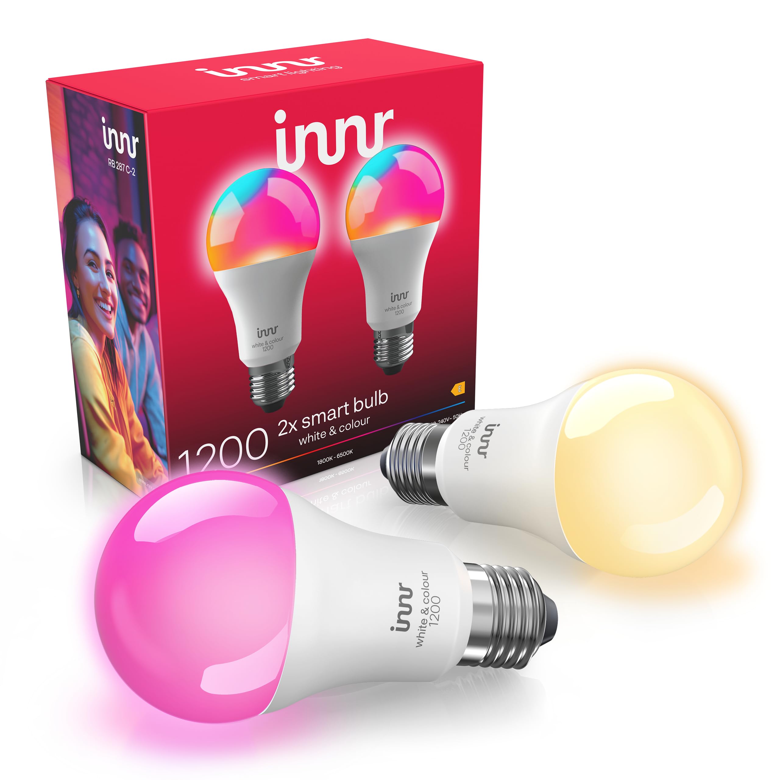 Innr Innr Zigbee E27 Smart Bulb, Works with Hue*, Alexa, SmartThings (Bridge Required), LED Light Bulbs White & Colour, 16 Million Colours, 50% More Brightness, Screw Bulb, Dimmable, 1210 Lumen - 2 Pack