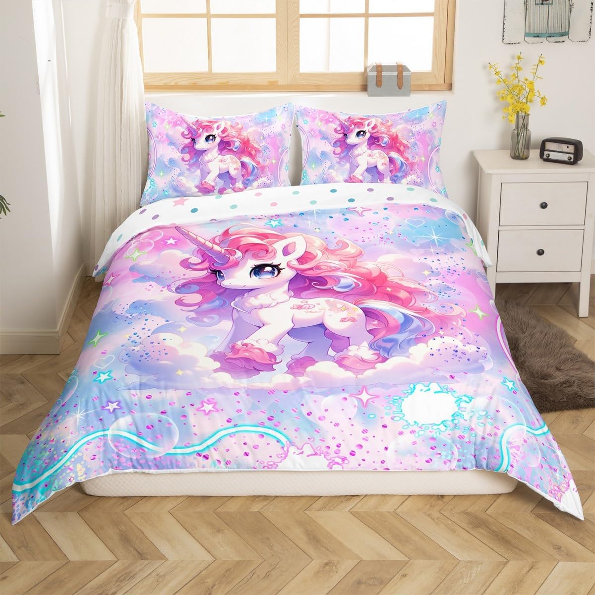 Mermaid Reversible Duvet Cover Full Size,Colorful Stars Sky Comforter Cover,Fish Scales Decorative Bedding Cute Animals Quilt Cover Rainbow Glitter Bedding Sets Kawaii Bedspreads Cover for Kids Girls