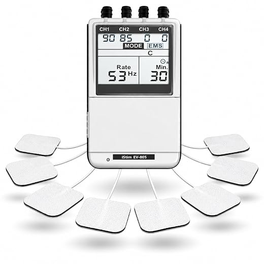 iSTIM EV-805 TENS EMS 4 Channel Rechargeable Combo Machine Unit - Muscle Stimulator + Back Pain Relief and Management- 24 Programs/Backlit (Including Electrodes Pads)