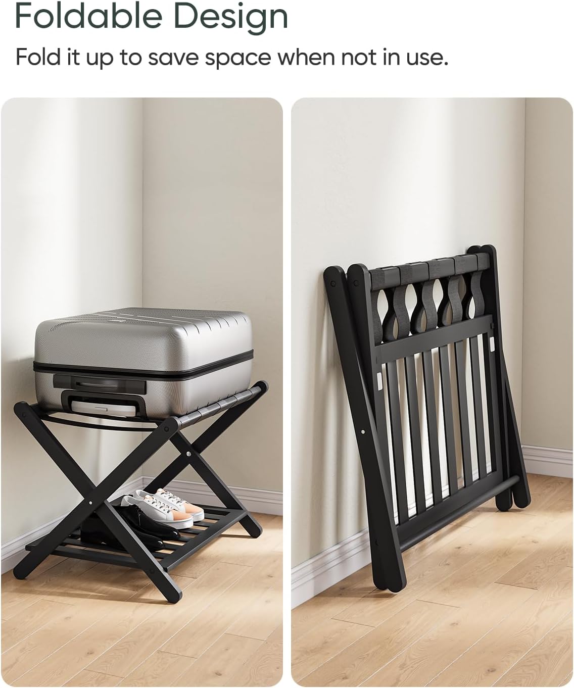 2 Pack Fully Assembled Black Bamboo Luggage Racks with Shoe Shelf, 5 Straps Folding Suitcase Stand, Heavy Duty Luggage Holders for Guest Room, Bedroom, Hotel