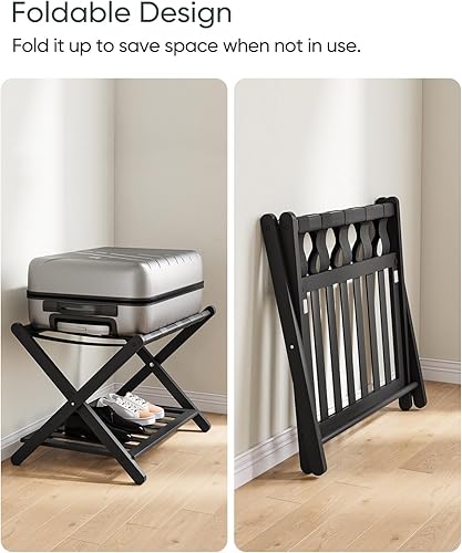 Miniatura 3 de Portaequipajes negro totalmente montado, soporte para maleta con estante para zapatos, soporte de equipaje plegable de madera para habitación