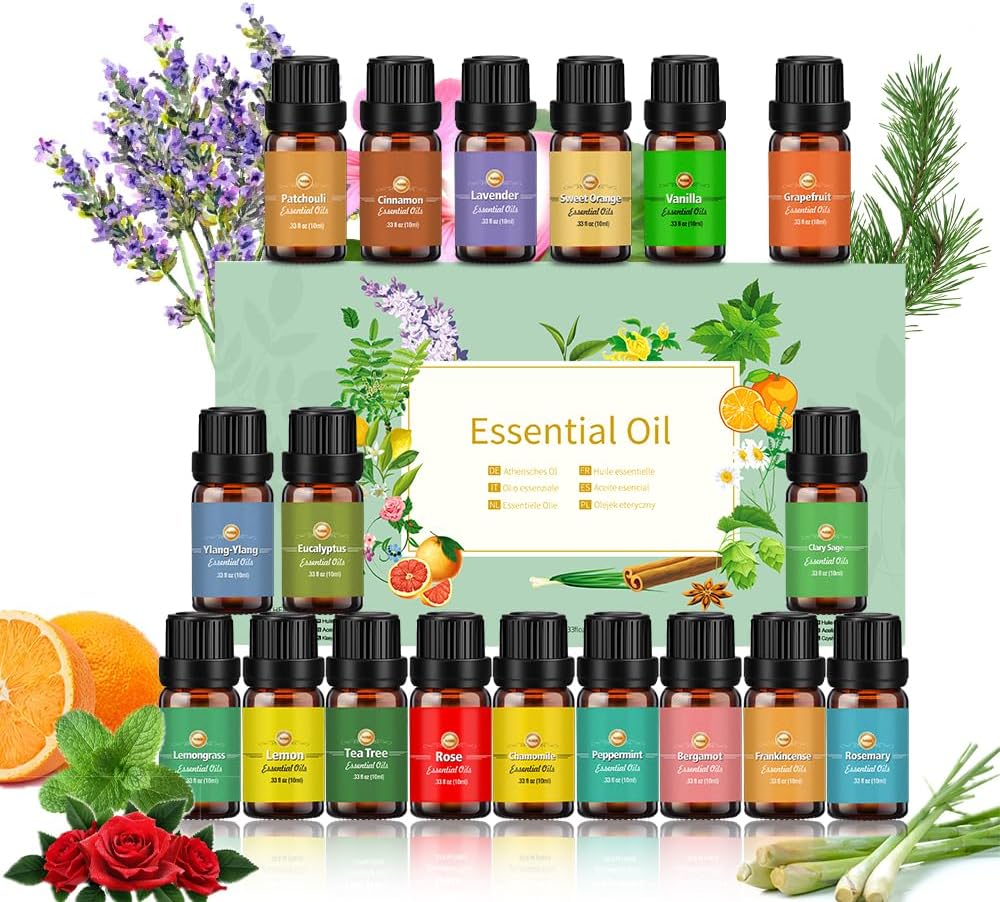Essential Oils for Diffusers for Home, Diffuser Oil 18x10mL, Tea Tree, Lavender, Eucalyptus, Frankincense, Lemon Grass, Rosemary, Orange, Mint, Lemon, Cinnamon, Bergamot, Ylang-Ylang, Grapefruit, etc.