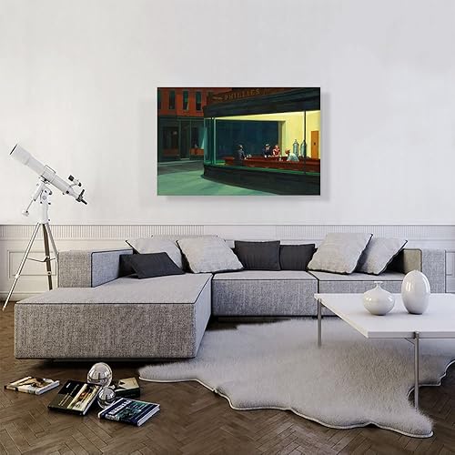 Miniatura 10 de ARTCANVAS Nighthawks 1942 - Póster de pintura enmarcada estirada de 1942, decoración de pared giclée, por Edward Hopper, 26 x 18 pulgadas (0.75