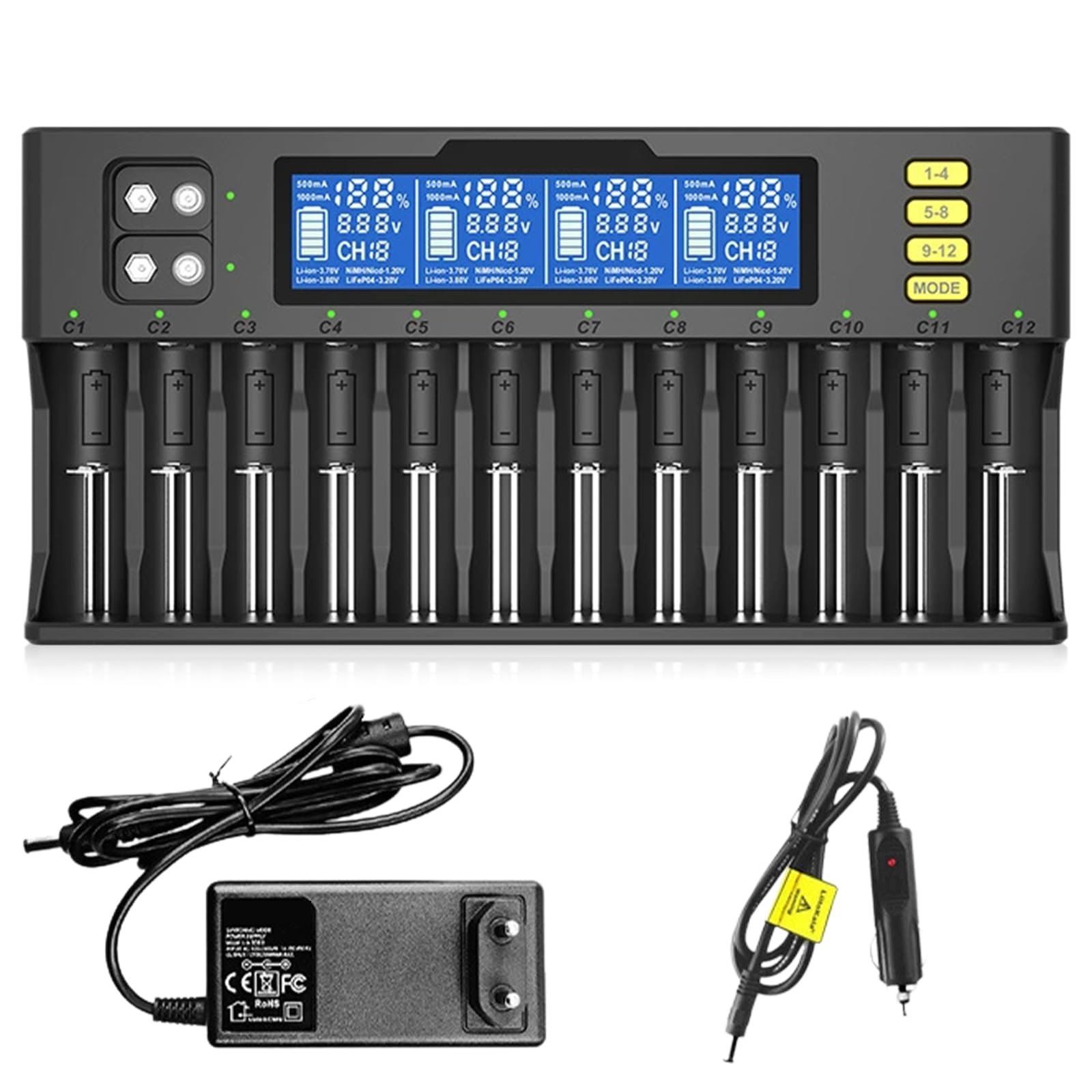 Akku Ladegerät Universal 12 Fach, Ladegerät Batterien mit LCD Anzeige für AA, AAA, 9V NI-MH/NI-CD, Li-ion-3.70V/3.80V/3.20V, 12-Ladeplatz, Universal Schnell Batterieladegerät (Schwarz)