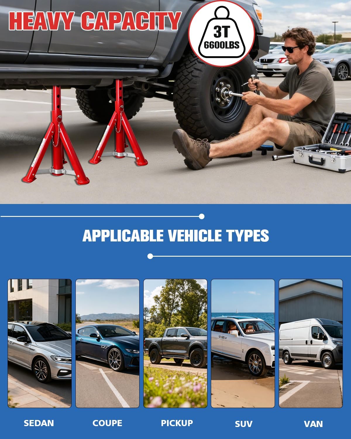 3 Ton Foldable Jack Stands (6,600 LBs) - Heavy Duty Car Jack Stand for Trucks&SUV&DIY- Adjustable Height 11.42"-16.06" with Safety Pin - Ideal for Home Garage, Workshops, UTV/ATV - Red, 1 Pair