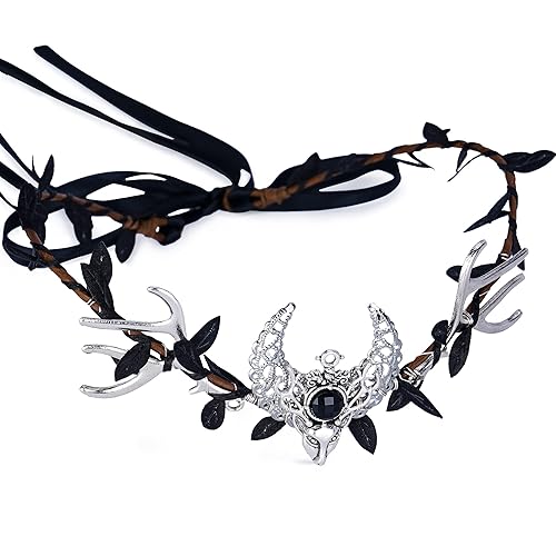 MOSTORY Diadema hecha a mano con cuernos de bosque, corona de cristal de luna, diadema renacentista para mujeres y niñas, carnaval, boda, fiesta,