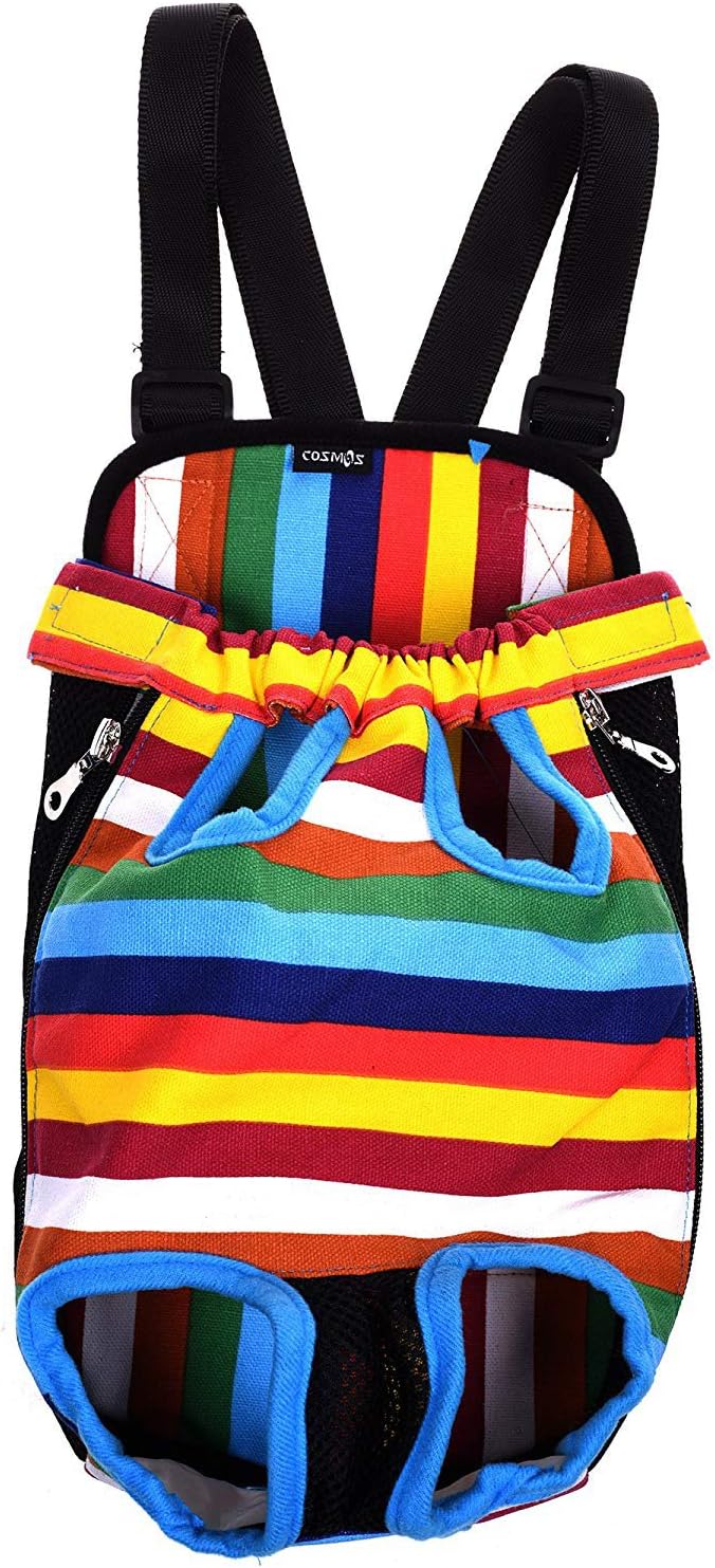 Cosmos Pet Dog Carrier Backpack Pet Dog Cat Legs Out Front Carrier Travel Bag for Traveling Hiking Camping for Small Medium Dogs Cat, Colorful Strip Pattern (Medium Size)