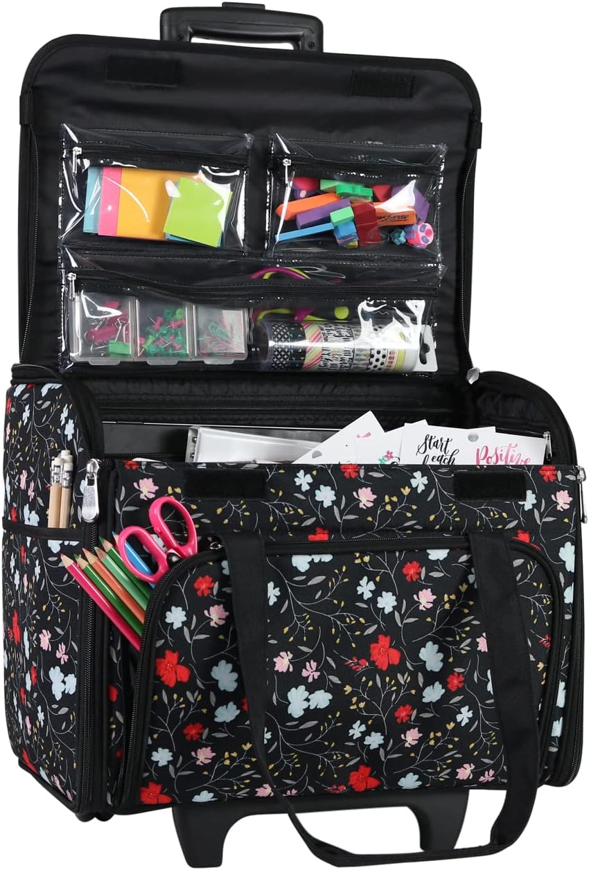 Everything Mary Teacher Rolling Tote โ Black Floral Wheeled Bag for Classroom Organization โ Portable Storage Cart for Teaching Supplies, Crafts & Office Essentials