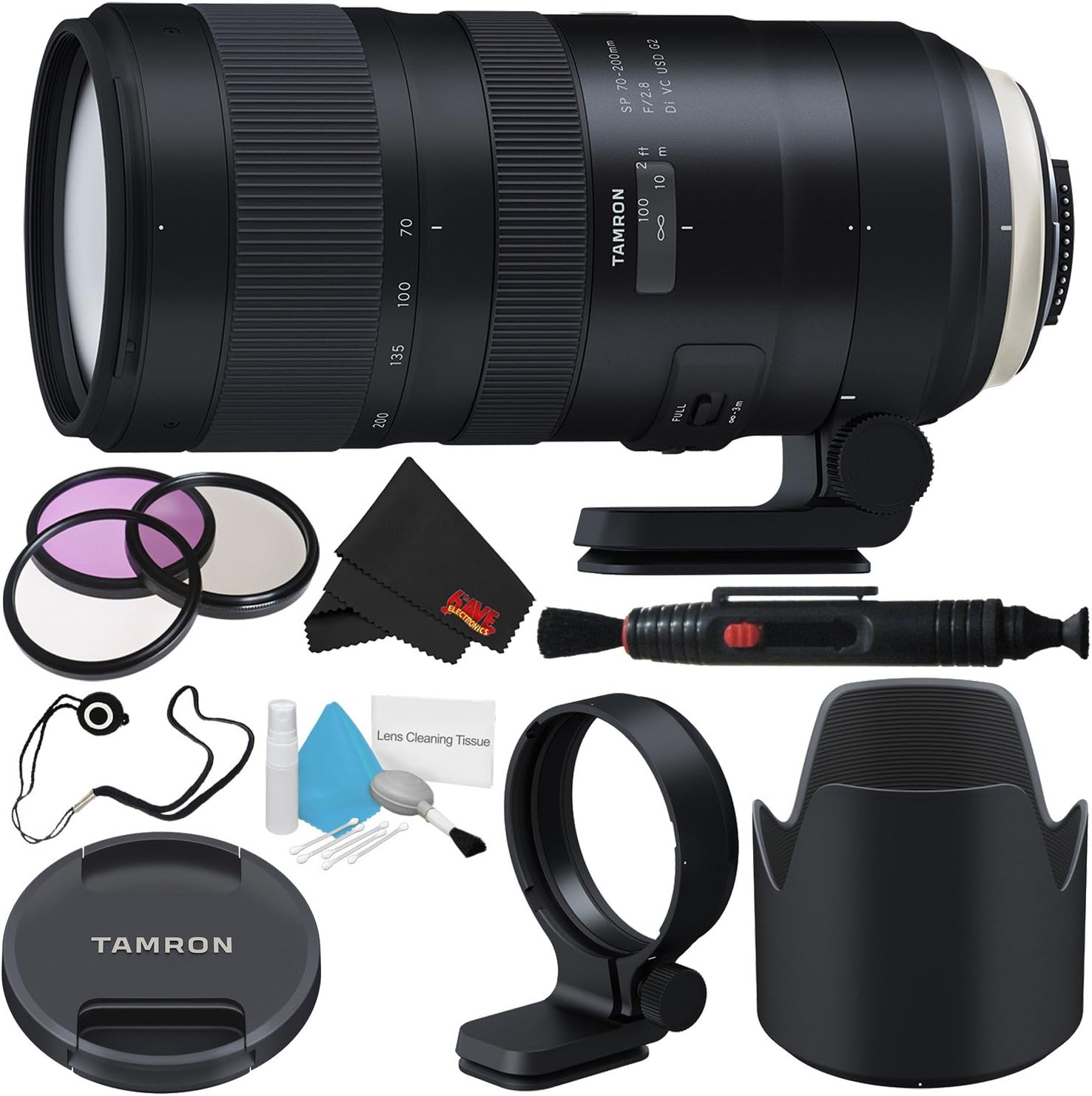 6Ave Tamron SP 70-200mm f/2.8 Di VC USD G2 Lens for Nikon F (International Model) + 77mm 3 Piece Filter Kit + Deluxe Cleaning Kit + Lens Cap Keeper + Lens Pen Cleaner + Microfiber Cloth Bundle