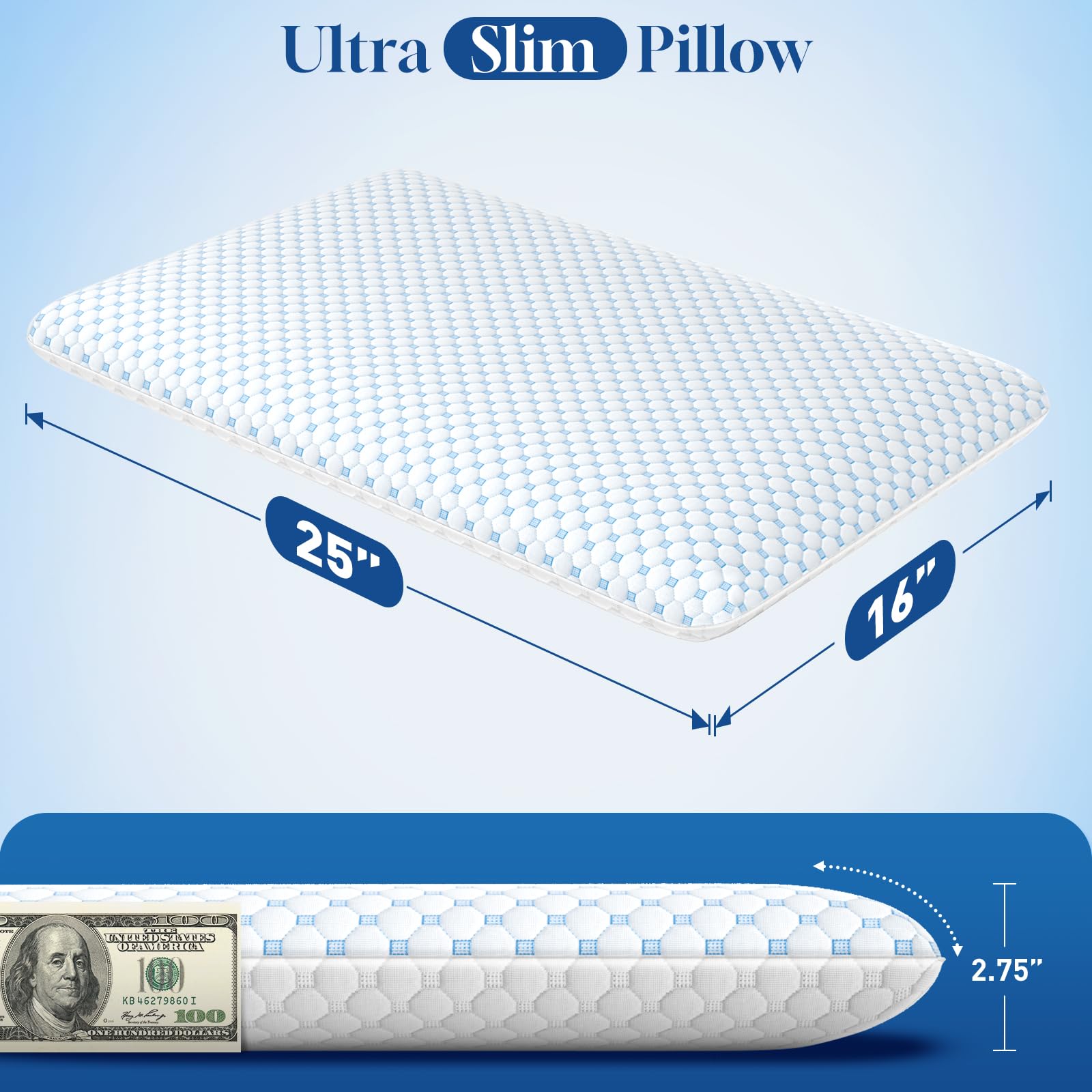 CloudBliss Cuscini rinfrescanti ultra sottili da 7 cm per lato | schiena | addormentati, cuscino piatto in memory foam, cuscini a basso profilo con comoda federa traspirante su entrambi i lati