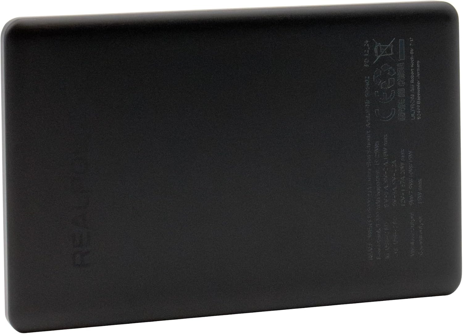 Back view of Realpower PB-5000 MAG Ultra Slim power bank showing regulatory markings and specifications.