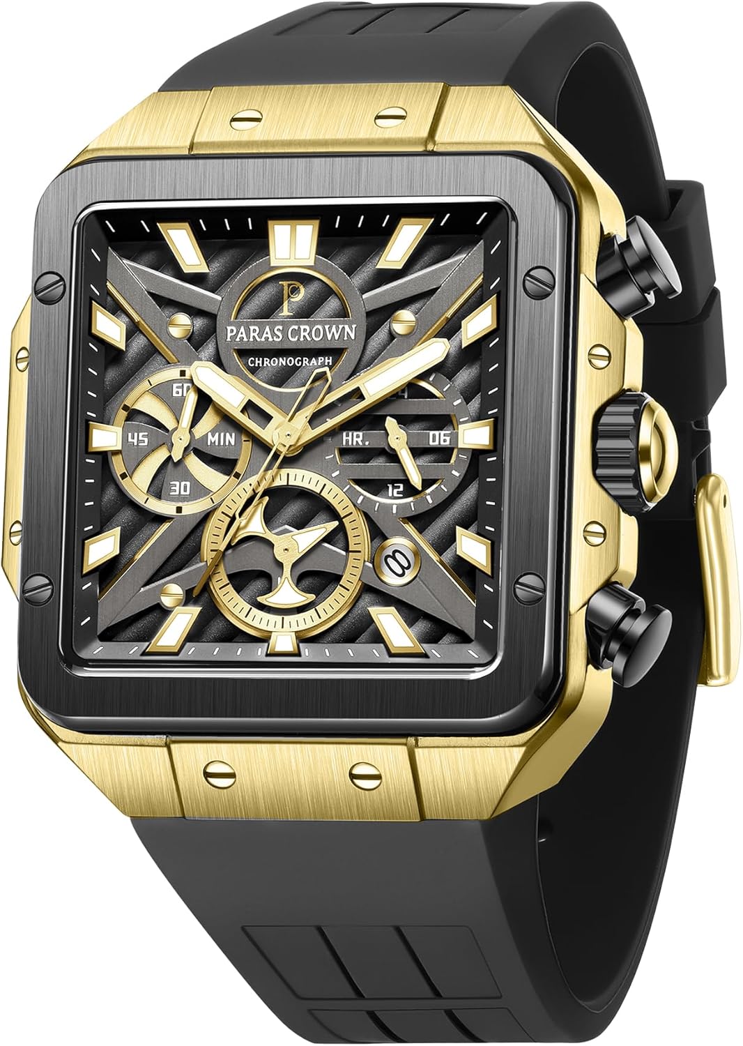 Paras Crown Watches for Men Luxury Fashion Analog 50M Waterproof Sports Watch with Tonneau Dial Luminous Quartz Business Wrist Watch