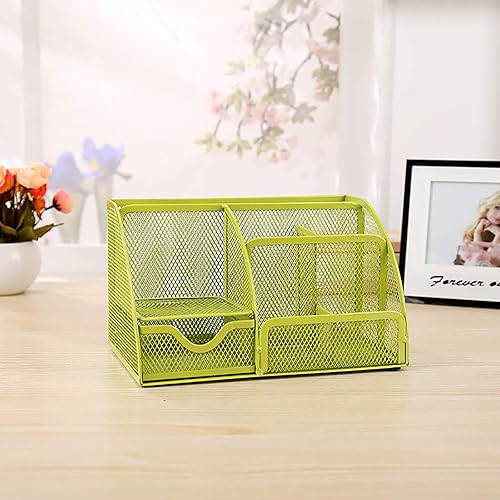 Vista 5 de VANRA Organizador de escritorio de malla para suministros de oficina, soporte de suministros escolares, 6 compartimentos con cajón (verde)
