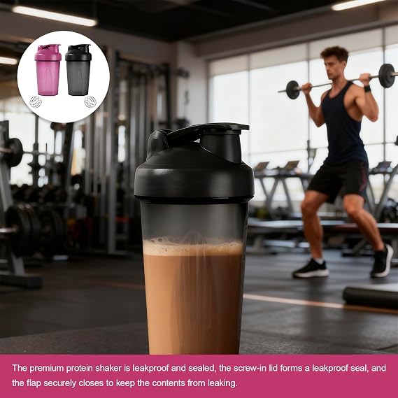 Protein & Supplement Shaker Bottle, 2 Pcs Protein Shaker Bottles with Stainless Steel Mixing Ball 400ml, Leakproof Flip On Lid Shake Cup for Men Women (Black, Purple)