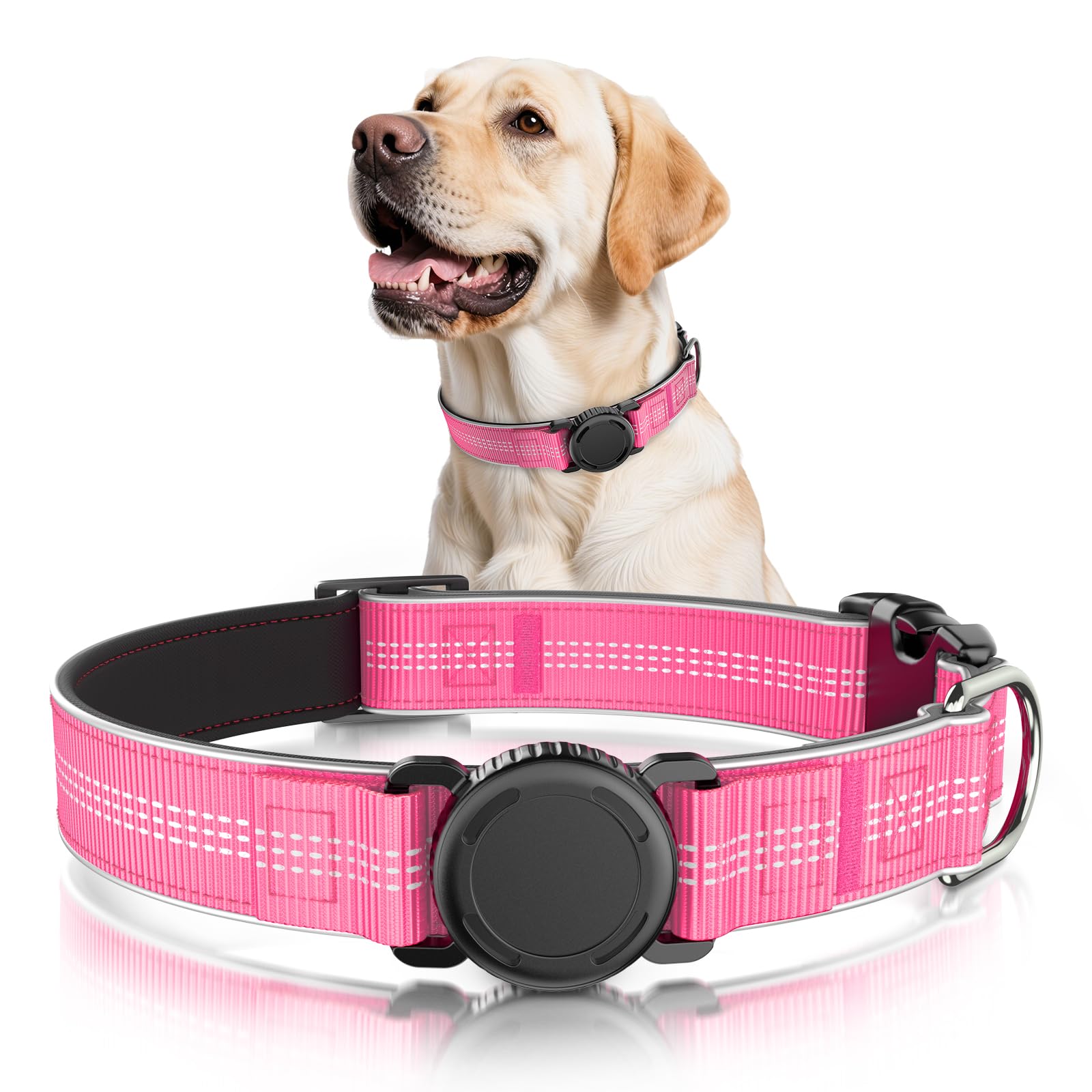 Waterproof AirTag Dog Collar - Reflective Comfortable Dog Collars with Air Tag Holder - GPS Dog Tracker Collar with Quick Easy Install - for Large Medium Small Dogs(Pink, S)