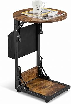 Foldable C Shaped End Table, 15.7" Couch Side Table with Storage Pocket, Slides Under Sofa