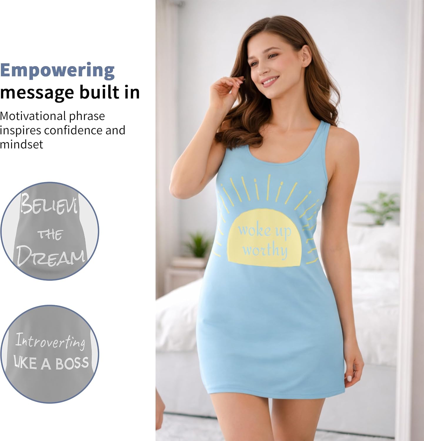Nightgowns for Women - Pajama Dress with Racerback & Inspirational & Motivational Design - Reads Introverting in Like a Boss