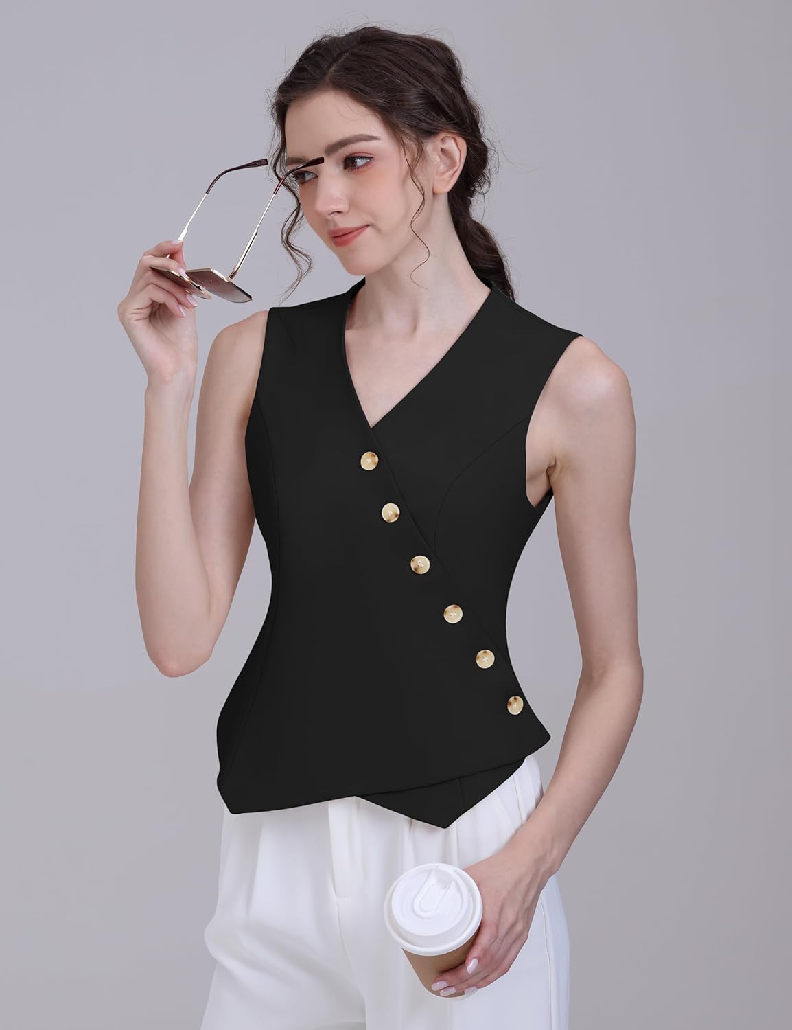 Foucome Vest for Women V Neck Button Up Asymmetrical Hem Dressy Casual Suit Vest Waistcoat - Image 5