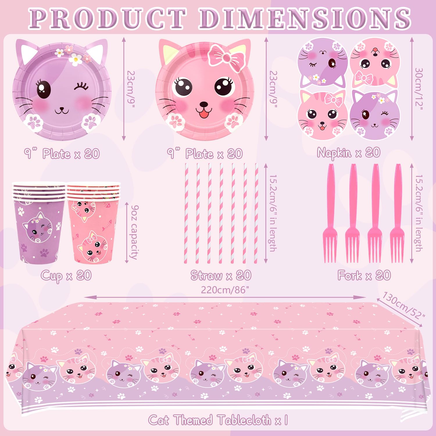 Cat Birthday Party Supplies Set, Kitten Tableware Includes Plates, Tablecloth, Cups, Forks and Straws for Kids Cat Party Decorations, Serves 20 Guest (A)