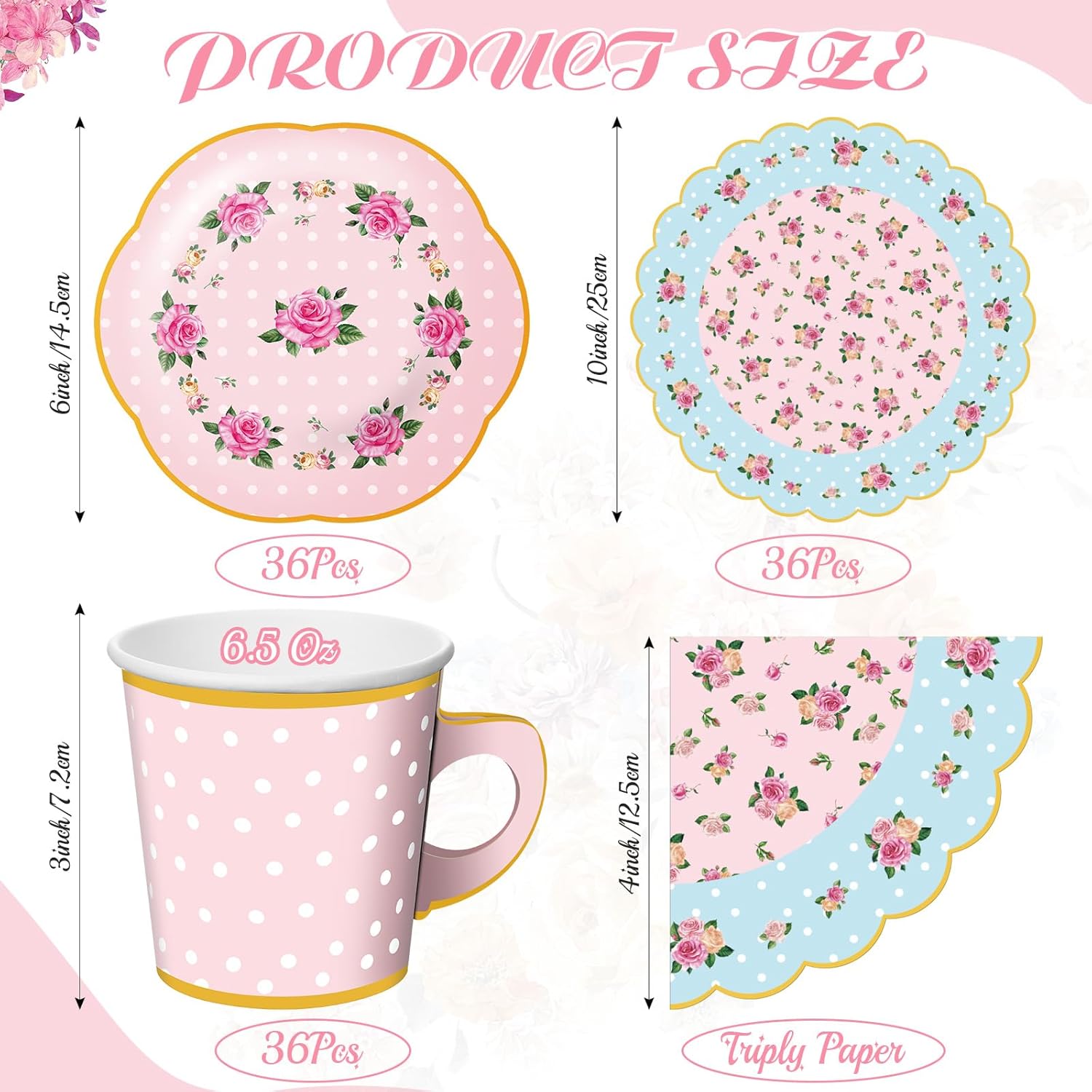 Umigy 36 Sets Tea Party Decorations 6.5 oz Floral Paper Tea Cups with Plates Paper Napkins Disposable Blossom Teacups and Saucers Sets for Girls Birthday Party Supplies(Pink)
