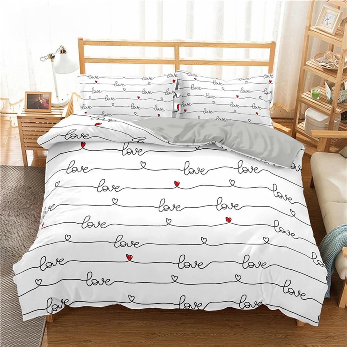 Housse de couette motif cœur rouge 240x220 cm en microfibre douce avec taies d'oreiller