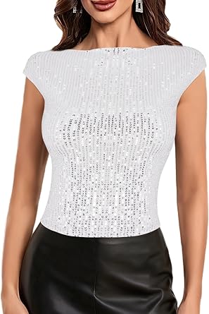 Haoohu Womens Sparkly Sequin Backless Crop Top Camisole Boat Neck Rave Tee Party Shirt Clubwear