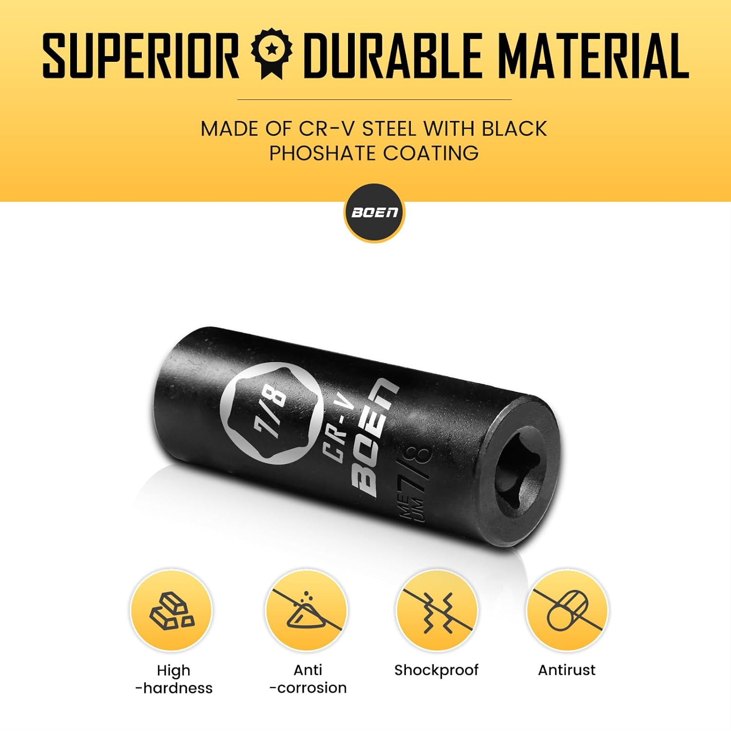 BOEN 3/8" Drive Deep Impact Sockets, Premium Impact Socket, 7/8" Socket, SAE, 6 Point,Cr-V Steel with Laser Marking - Strong and Durable