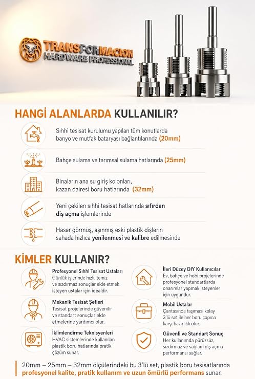 Transformacion Profesyonel 3 lü Titanyum PPRC PVC Boru İç ve Diş Açma Aparat Seti – Boru Raybası | Mükemmel Kalibrasyon Anahtarı 723011