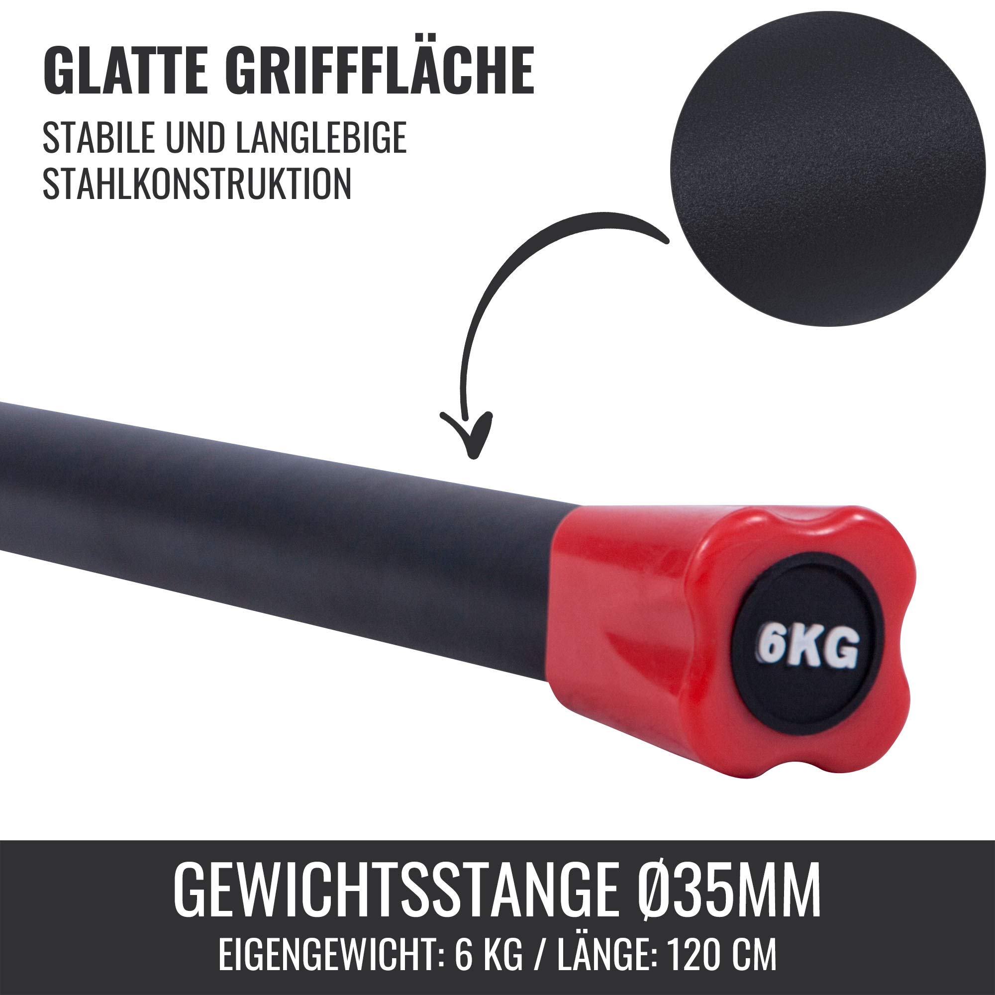 GORILLA SPORTS® Gewichtsstange - 1kg, 2kg, 3kg, 4kg, 5kg, 6kg, 7kg, 8kg, 9kg, 10kg Gewicht, mit/ohne Ablage, rutschfest, gummiert, Stahl - Langhantelstange, Weighted Bars, Aerobic Bar, Krafttraining