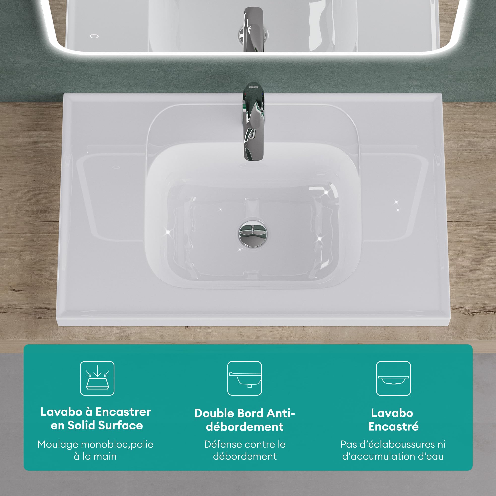 Mai & Mai Vasque Rectangulaire 60x50x16,5cm sans Trop-Plein | Vasque Lavabo, Surface Lisse, et Facile à Nettoyer, pour Salle de Bains Moderne, Colossum3601