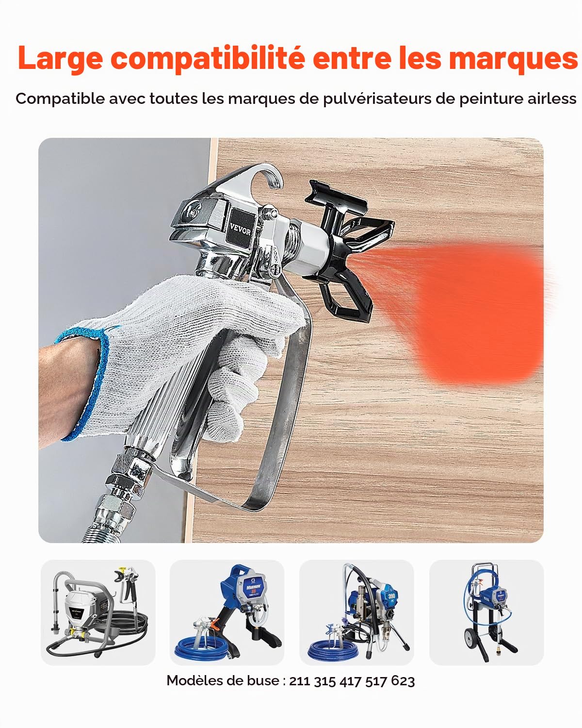 VEVOR Pistolet pulvérisateur de Peinture sans air, Haute Pression 248 Bar, avec 5 Embouts, kit à Joint pivotant, avec filtres, Aiguille de Nettoyage et Brosse, pour Machine de pulvérisation sans air