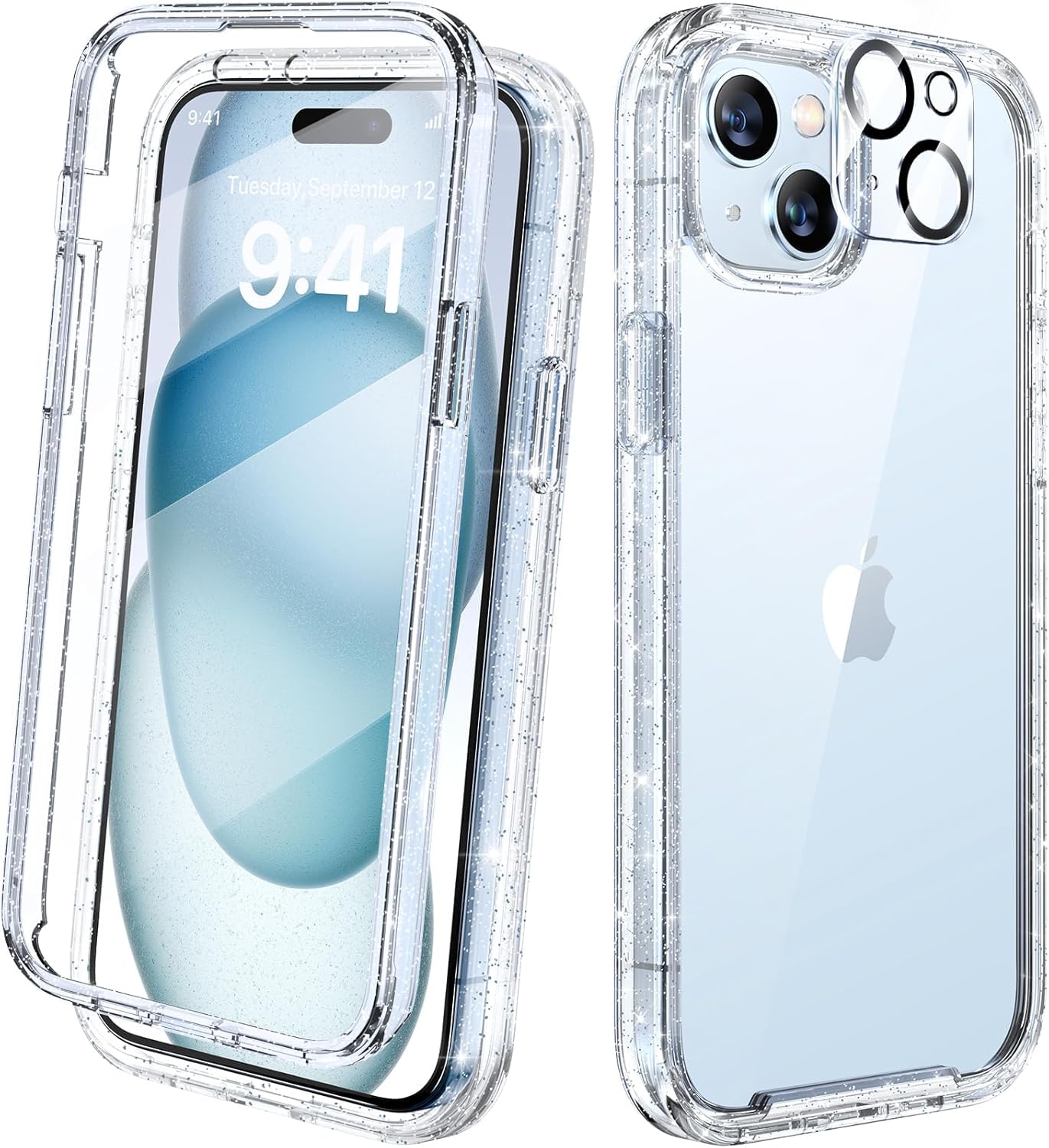 Diaclara für iPhone 15 Hülle, Militärschutz 360 Grad Vollschutz Schutzhülle Stoßfest mit integrierter Displayschutzfolie und Kameraschutz, Handyhülle Case für iPhone 15 6,1 Zoll, Transparenter Glitzer